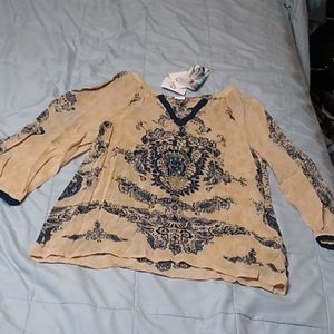 Bila Beaded Indian Top V-Neck Tan Blue Small